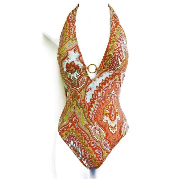 SOLD Tommy Bahama Swimsuit One Piece Halter Marrakech Padded Neutral O Ring - Picture 1 of 11